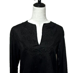 Lauren Ralph Lauren Top Womens Medium Black Floral Linen Embroidered 3/4 Sleeve